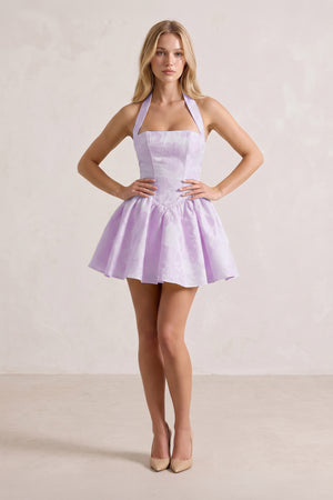 Lavender Halter Jacquard Ruched A-Line Homecoming Dress | KISSPROM
