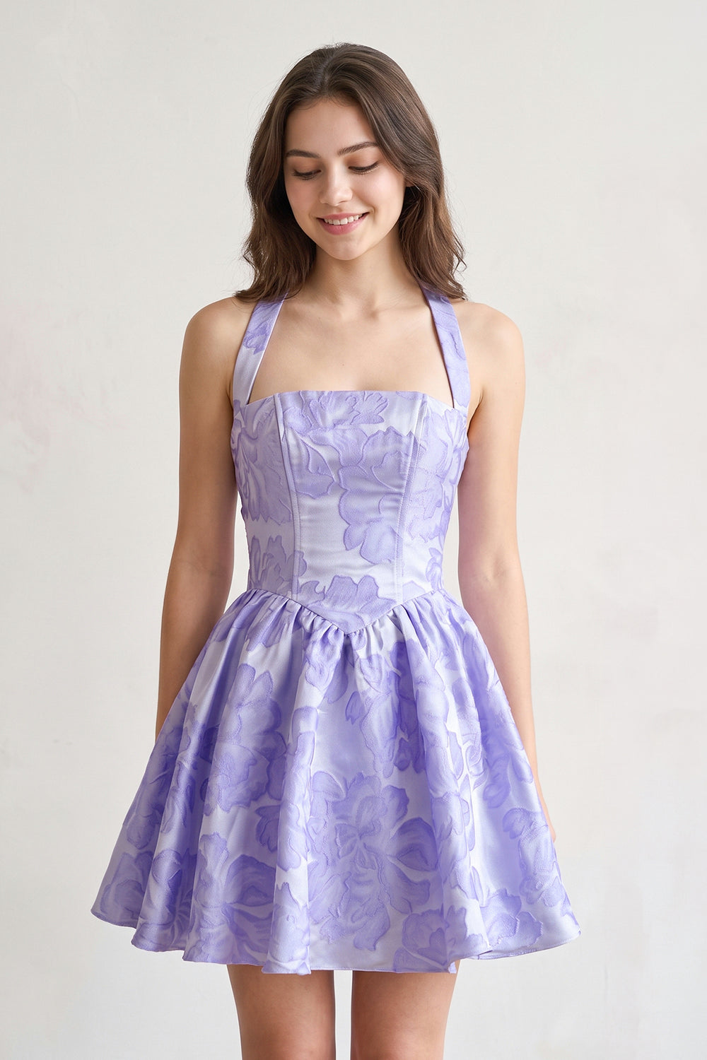 Lavender Halter Jacquard Ruched A-Line Homecoming Dress - KissProm