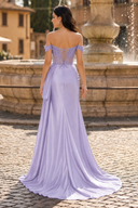 Off the Shoulder Satin Beaded Prom Dress With Appliques