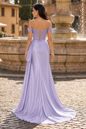 Off the Shoulder Satin Beaded Prom Dress With Appliques