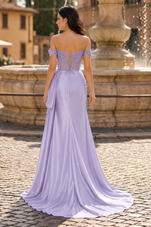 Off the Shoulder Satin Beaded Prom Dress With Appliques