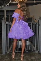 Genevra | Lavender Off-the-Shoulder Lace-Up Ruffle Tiered Homecoming Dress