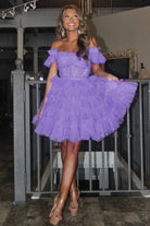 Genevra | Lavender Off-the-Shoulder Lace-Up Ruffle Tiered Homecoming Dress