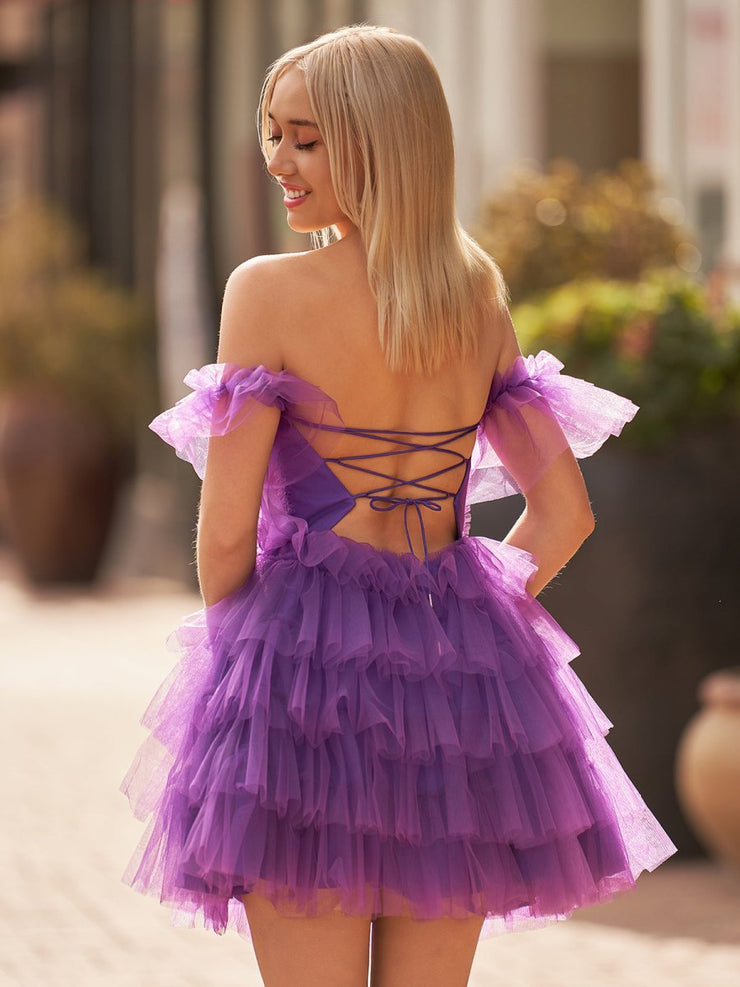 RUFFED OFF SHOULDER HIGH LOW DRESS IN LAVENDER main image 0