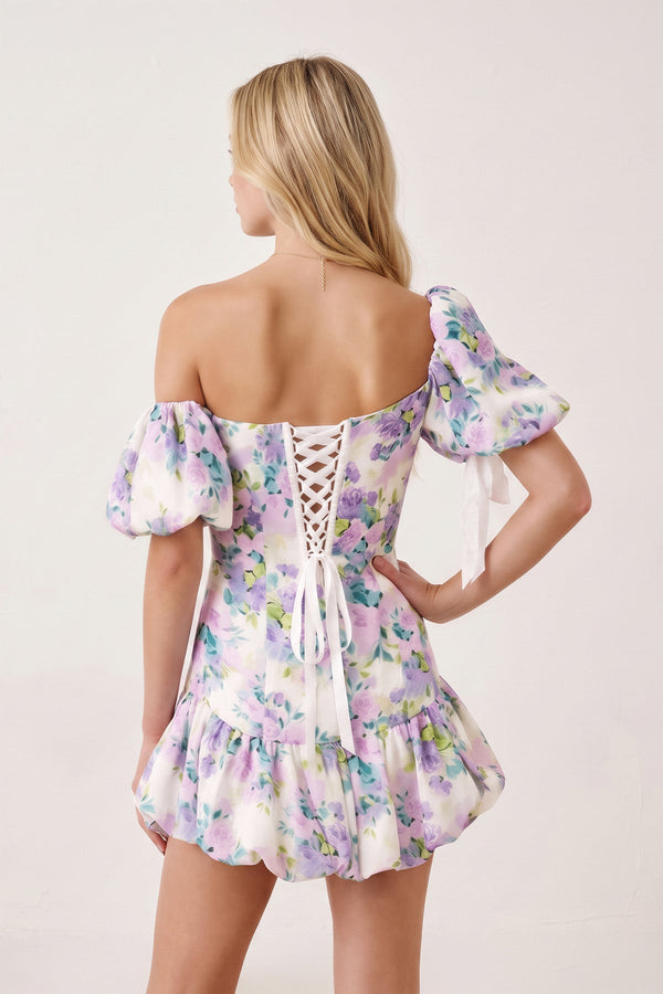 Lavender Off the Shoulder Plunge Floral Printed A-Line Ruffled Homecoming Dress (2) | KISSPROM