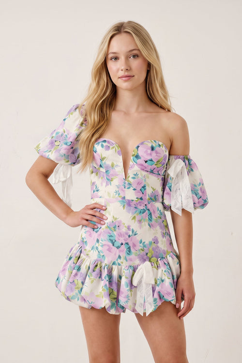 Lavender Off the Shoulder Plunge Floral Printed A-Line Ruffled Homecoming Dress | KISSPROM