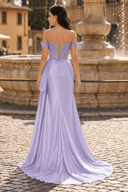 Lavender Off the Shoulder Satin Beaded Long Party Dress With Slit (2) | KISSPROM