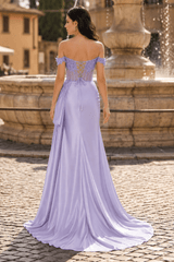 Lavender Off the Shoulder Satin Beaded Long Party Dress With Slit (2) | KISSPROM