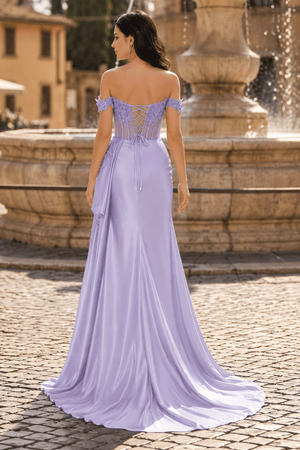 Lavender Off the Shoulder Satin Beaded Long Party Dress With Slit (2) | KISSPROM