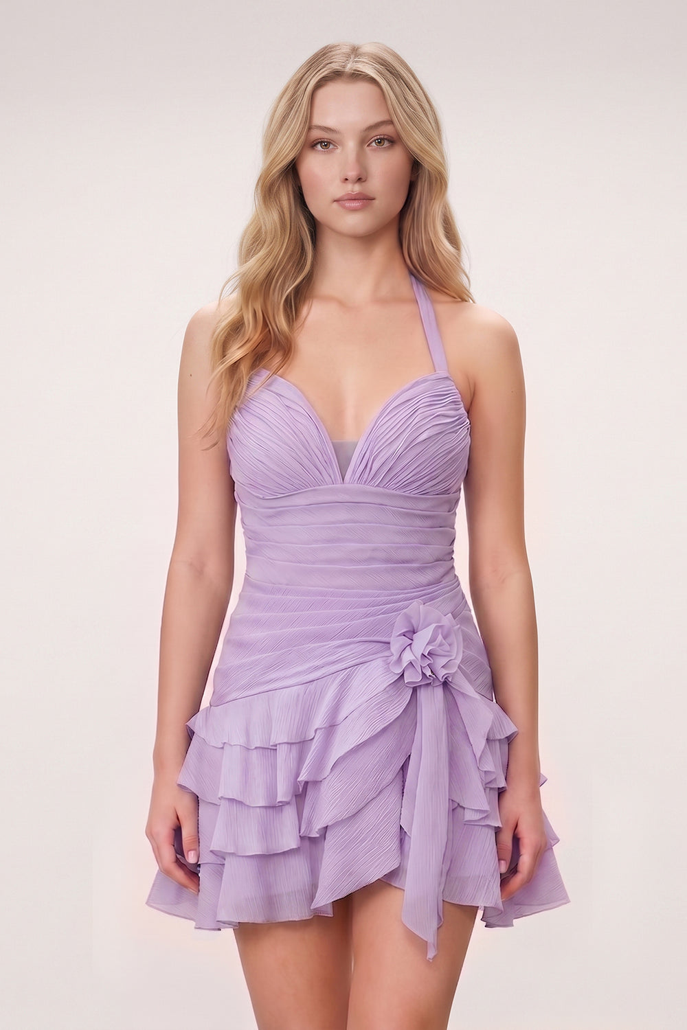 Lavender Organza Halter A-Line Pleated Ruffled Homecoming Dress | KISSPROM
