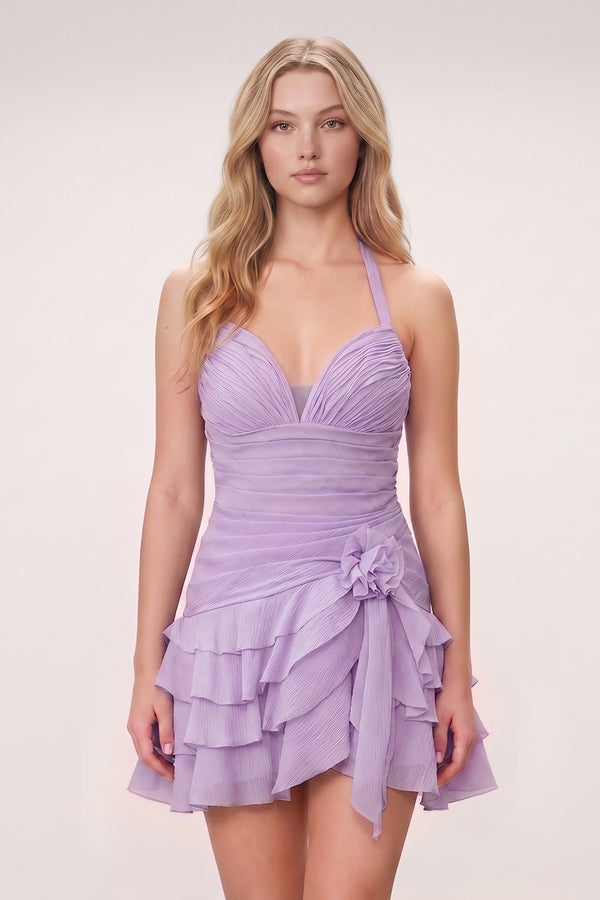 Lavender Organza Halter A-Line Pleated Ruffled Homecoming Dress | KISSPROM
