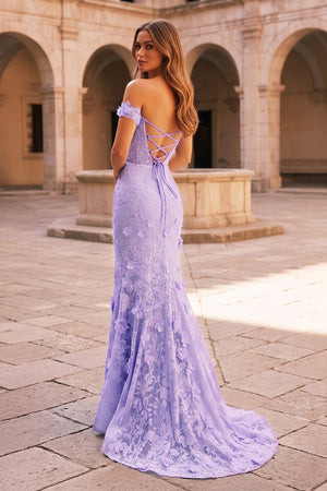 Off The Shoulder Floral Lace Long Prom Dress With Split – Prom Dresses by KissProm | Available at KissProm