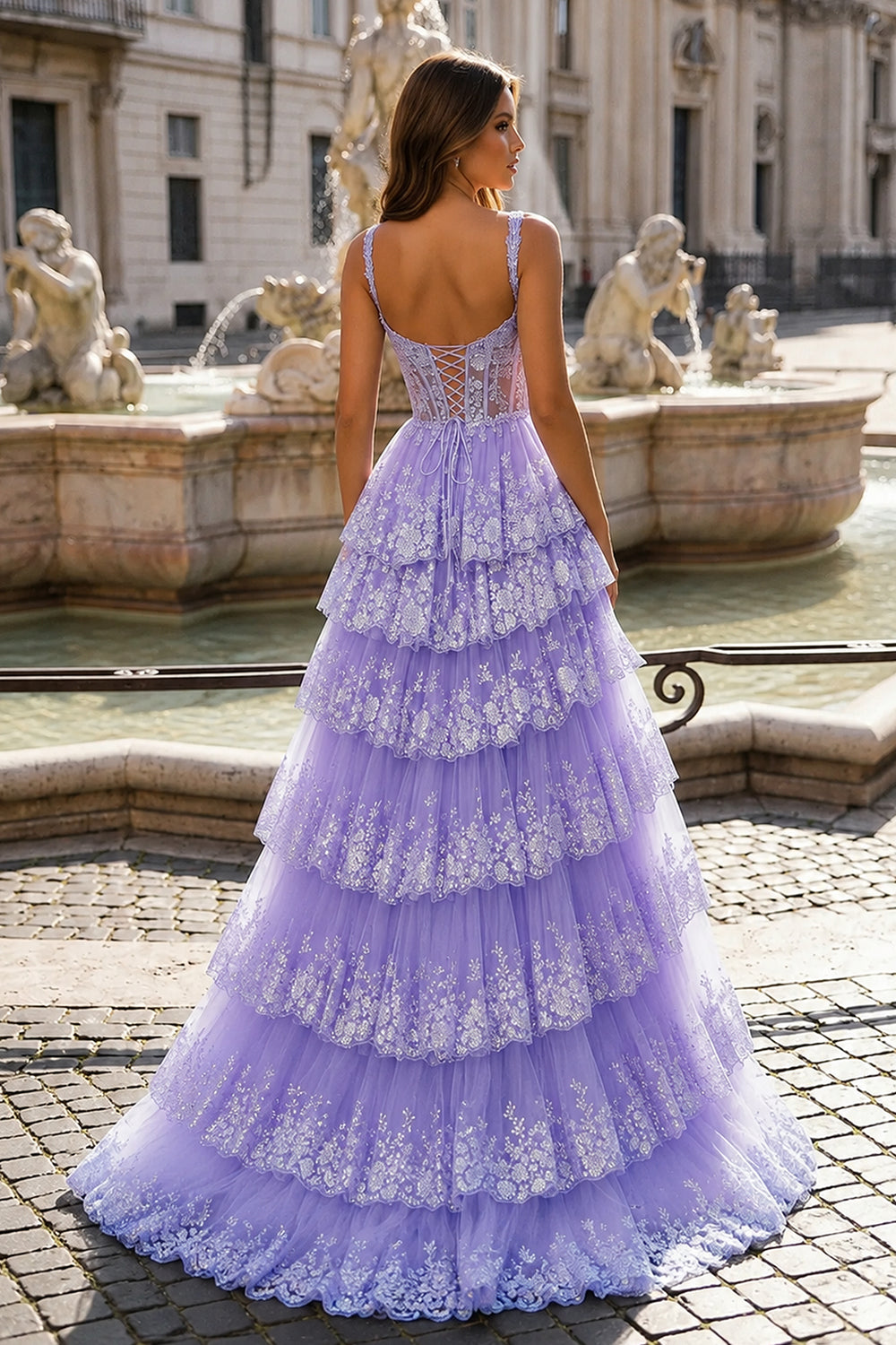 A-Line Lace Off-the-Shoulder Tiered Long Prom Dress with Slit – Prom Dress by KissProm | Available at KissProm