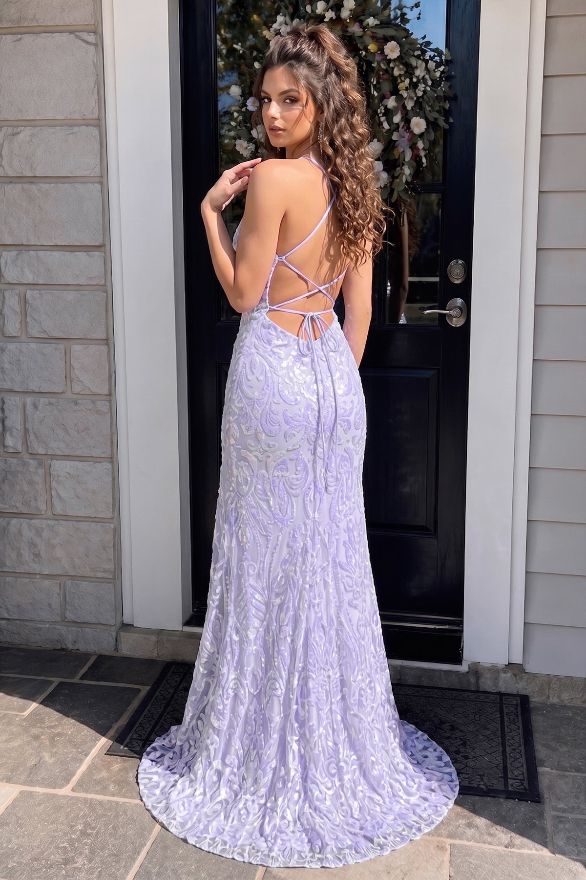 KissProm Mermaid Spaghetti Straps Blue Sequins Lace Long Prom Dresses with Slit, Blue / 10