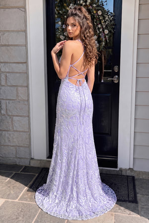 Mermaid Spaghetti Straps Blue Sequins Lace Long Prom Dresses with Slit - KissProm