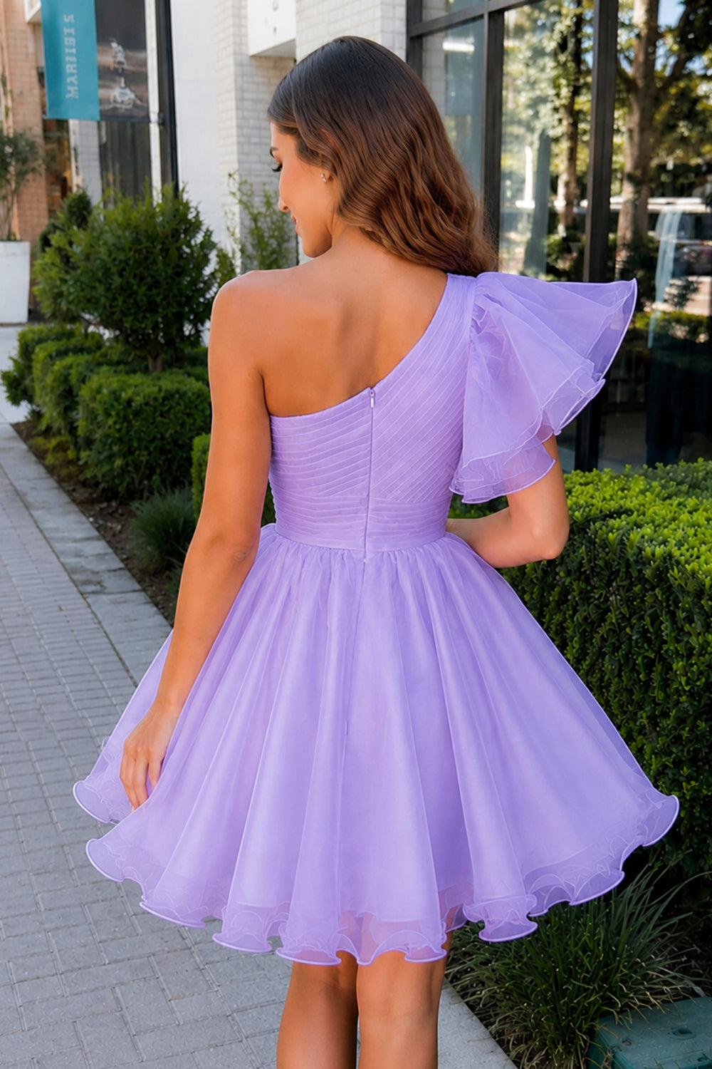 Rose | Ivory A - line One Shoulder Organza Ruffled Homecoming Dress - KissProm