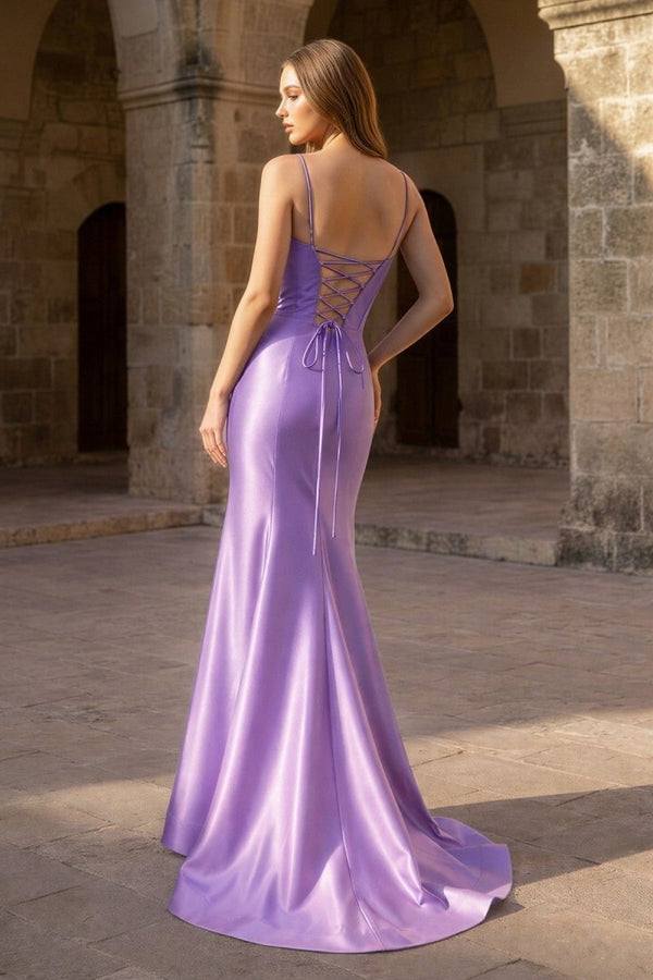 Lavender Satin Mermaid Plunge Neck Long Party Dress (2) | KISSPROM