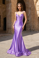 Lavender Satin Mermaid Plunge Neck Long Party Dress | KISSPROM