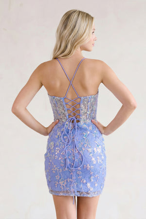 Lavender Sparkly Sequin-Embroidery Lace-Up Mini Party Dresses - KISSPROM