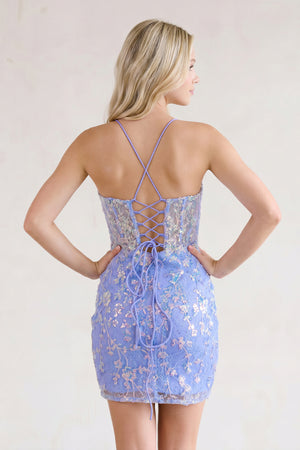 Sparkly Lavender Sequin-Embroidery Lace-Up Mini Party Dresses