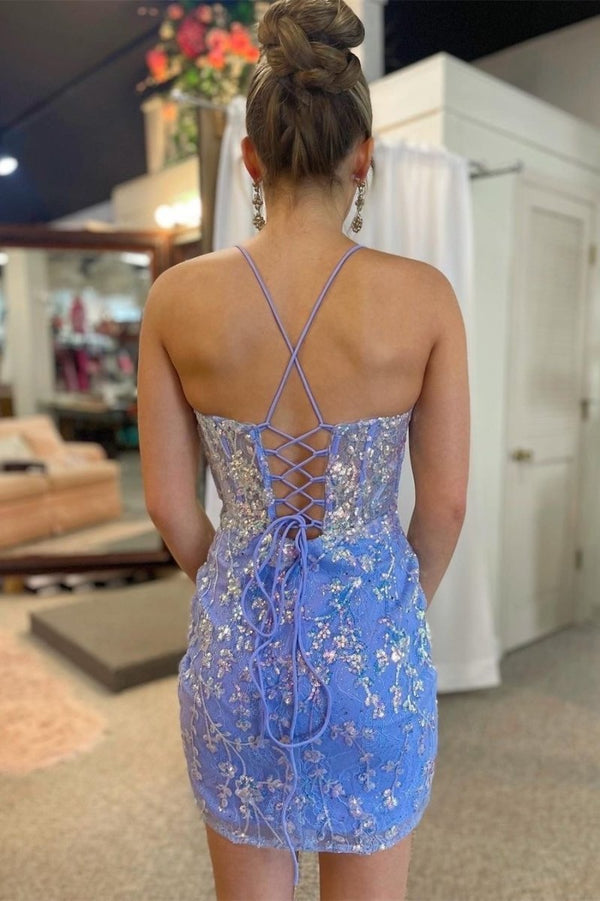 Sparkly Lavender Sequin-Embroidery Lace-Up Mini Party Dresses