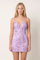Lavender Sequined Bodycon V Neck Satin Mini Party Dress | KISSPROM