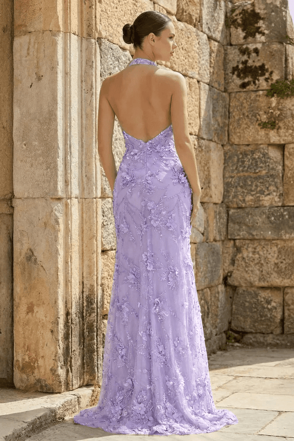 Lavender Sheath Halter Sequined Long Party Dress With Floral Appliques (2) | KISSPROM