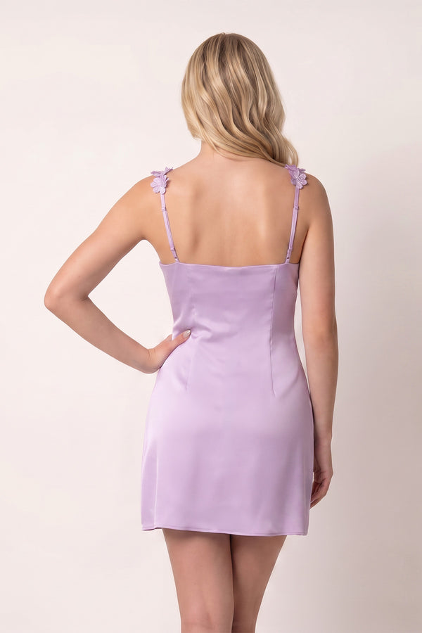Lavender Sheath Satin V Neck Short Homecoming Dresses with Flower Straps (2) | KISSPROM