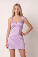Lavender Sheath Satin V Neck Short Homecoming Dresses with Flower Straps | KISSPROM