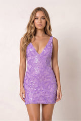 Lavender Sheath Sequin Plunge V Neck Mini Party Dress | KISSPROM