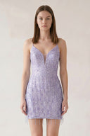 Lavender Sheath Sequins Spaghetti Straps Mini Party Dress with Tassel | KISSPROM