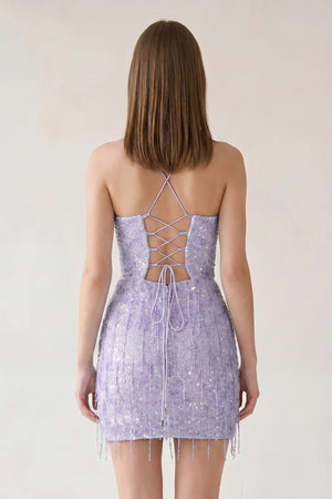 Lavender Sheath Spaghetti Straps Mini Homecoming Dresses with Tassel (2) | KISSPROM