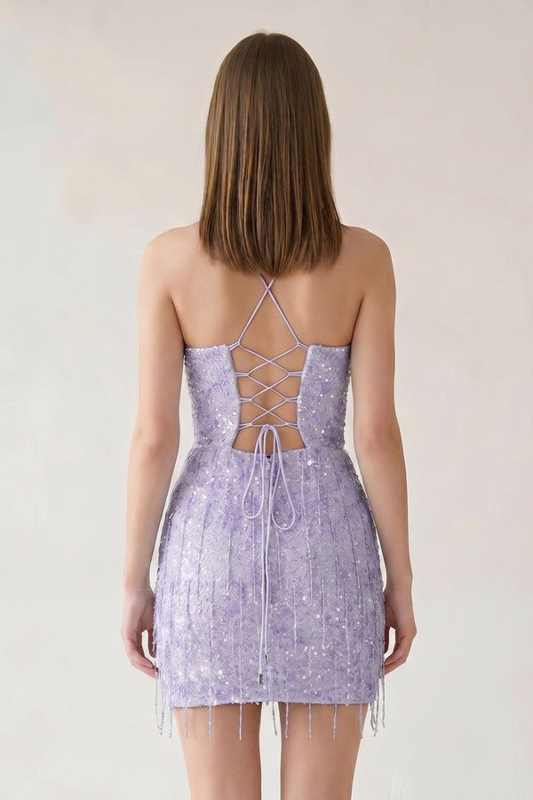 Lavender Sheath Spaghetti Straps Mini Homecoming Dresses with Tassel (2) | KISSPROM