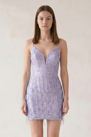 Lavender Sheath Spaghetti Straps Mini Homecoming Dresses with Tassel | KISSPROM