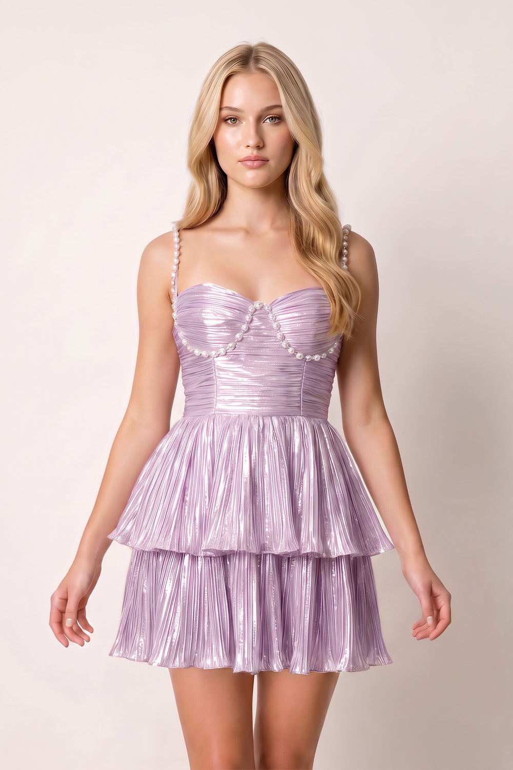 Lavender Spaghetti Straps A Line Metallic Pleated Short Homecoming Dresses With Beading | KISSPROM