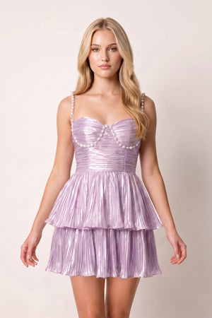 Lavender Spaghetti Straps A Line Metallic Pleated Short Homecoming Dresses With Beading | KISSPROM
