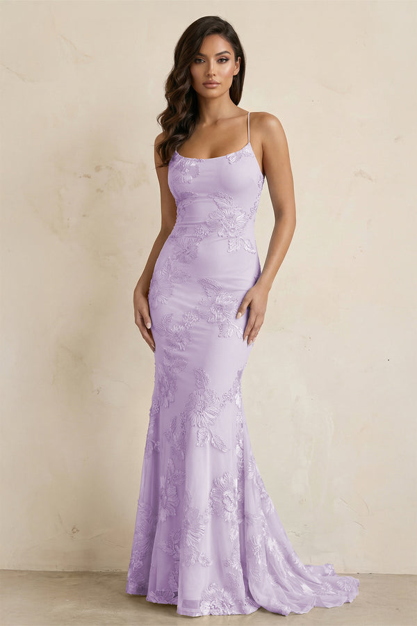 KissProm-Lavender Spaghetti Straps Mermaid Tulle Long Prom Dresses With Appliques