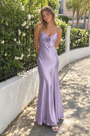 Lavender Spaghetti Straps Sheath Satin Backless Long Formal Prom Dresses With Flower | KISSPROM