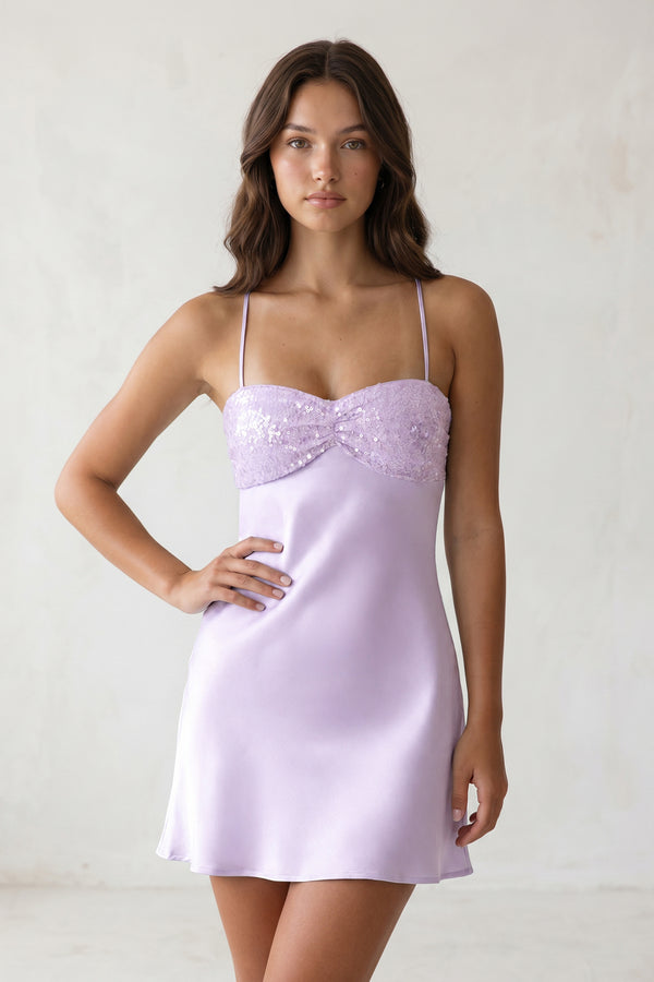 Lavender Spaghetti Straps Sheath Satin Homecoming Dress With Sequins | KISSPROM