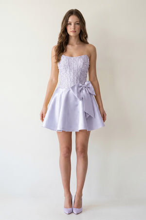 Lavender Sparkly Strapless A-Line Satin Corset Mini Homecoming Dress With Rhinestones - KISSPROM