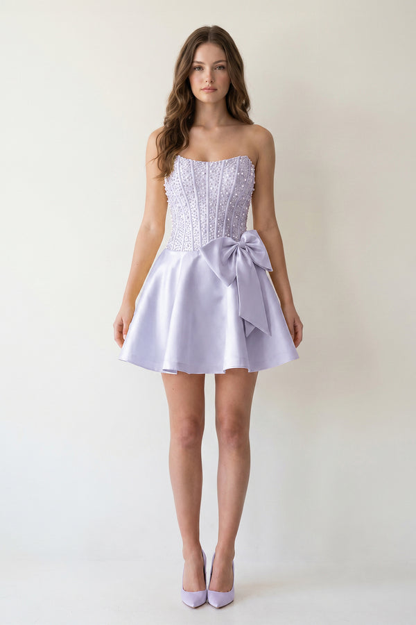 Lavender Sparkly Strapless A-Line Satin Corset Mini Homecoming Dress With Rhinestones - KISSPROM