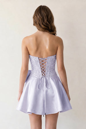 Lavender Sparkly Strapless A-Line Satin Corset Mini Homecoming Dress With Rhinestones - KISSPROM