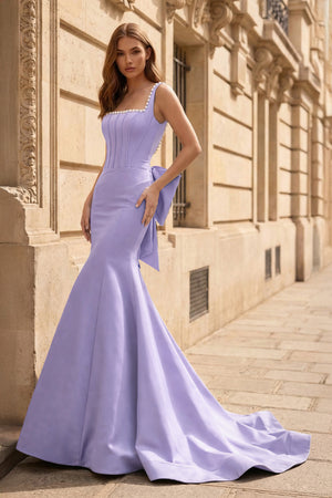 KissProm-Lavender  Square Neck Mermaid Satin Long Prom Dresses With Pearls