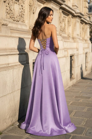 A Line Black Strapless Satin Prom Dresses With Slit - KissProm