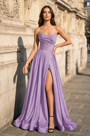 A Line Black Strapless Satin Prom Dresses With Slit - KissProm