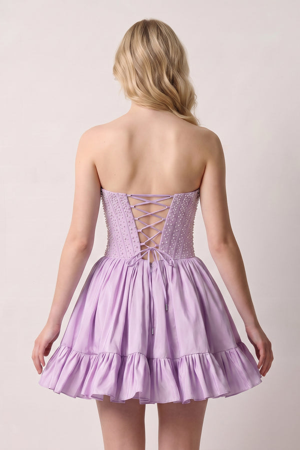 Lavender Strapless A Line Satin Ruffles Homecoming Dresses With Pearls (2) | KISSPROM