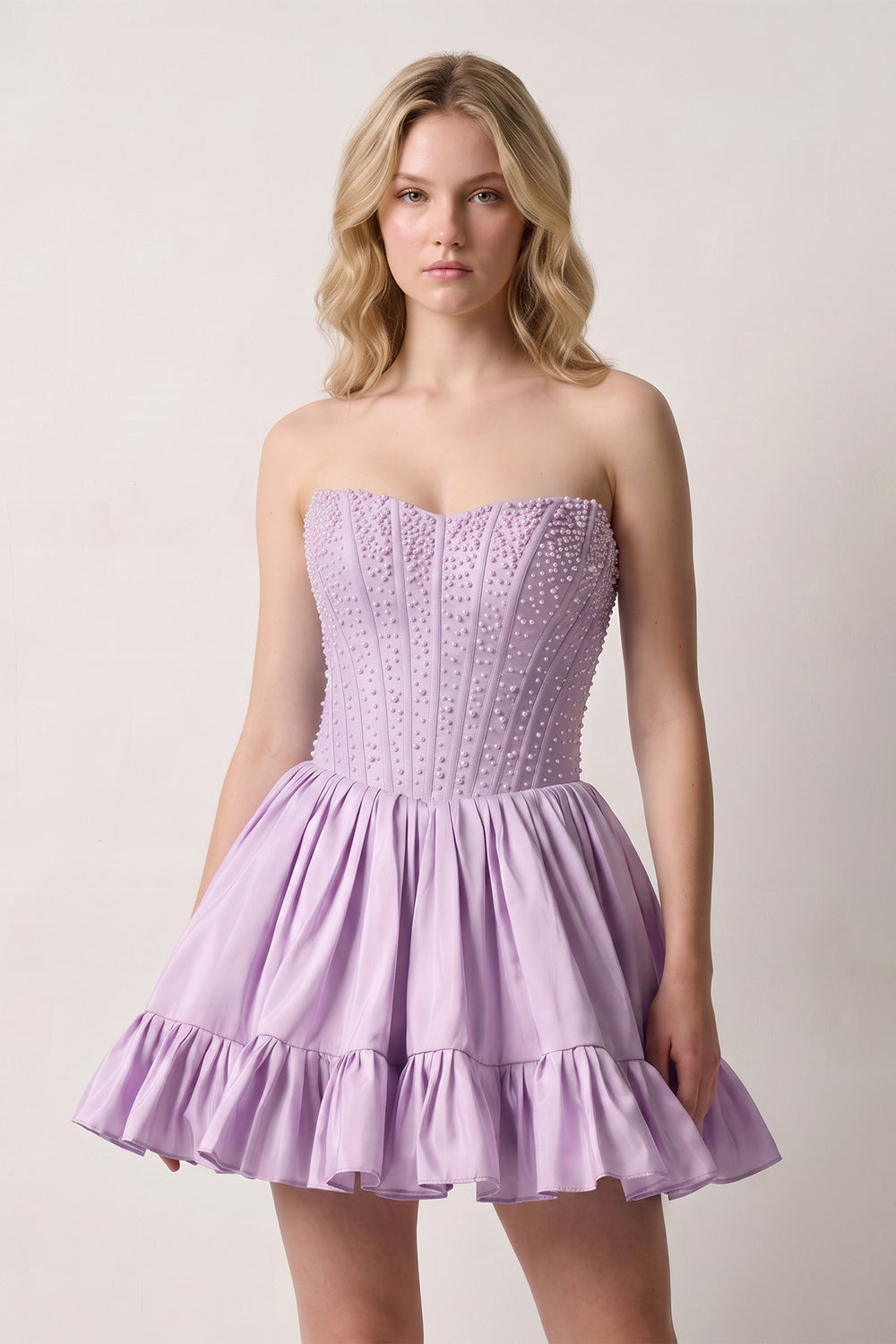 Lavender Strapless A Line Satin Ruffles Homecoming Dresses With Pearls | KISSPROM