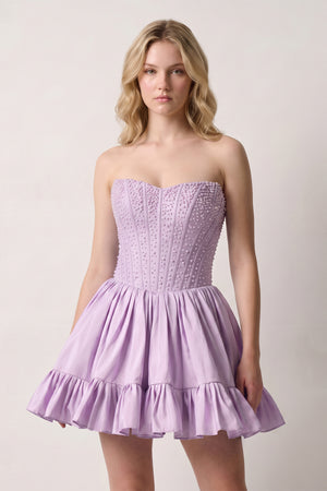 Lavender Strapless A Line Satin Ruffles Homecoming Dresses With Pearls | KISSPROM