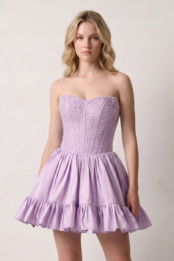 Lavender Strapless A Line Satin Ruffles Homecoming Dresses With Pearls | KISSPROM