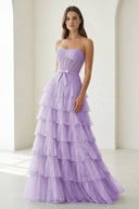Lavender Strapless A Line Tulle Ruffled Long Party Dress With Beading | KISSPROM